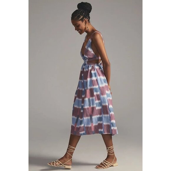 Anthropologie Deep V Strappy Back Tie Midi Dress - Picture 3 of 6